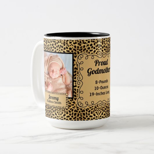 Proud Godmoeder Cheetah Animal Print Baby Foto's Tweekleurige Koffiemok (Voorkant links)