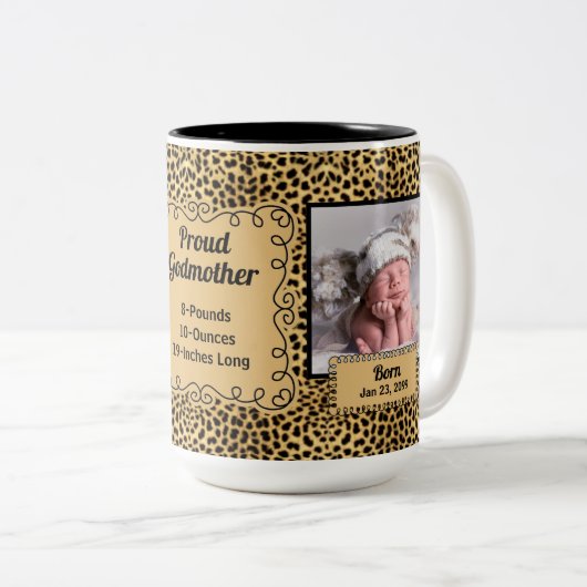 Proud Godmoeder Cheetah Animal Print Baby Foto's Tweekleurige Koffiemok (Voorkant rechts)