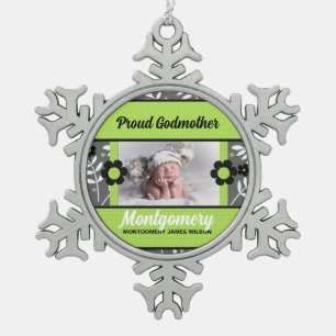 Proud Godmoeder Green en Grey Photo Tin Sneeuwvlok Ornament