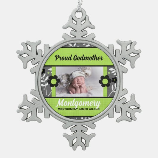 Proud Godmoeder Green en Grey Photo Tin Sneeuwvlok Ornament (Voorkant)