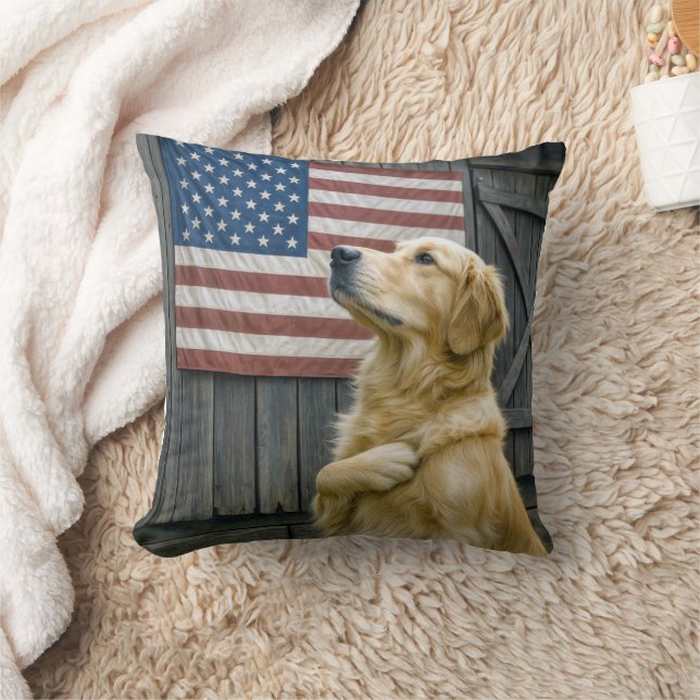 Proud Golden Retriever With American Flag Kussen (Deken)