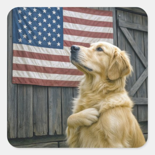 Proud Golden Retriever With American Flag Vierkante Sticker (Voorkant)