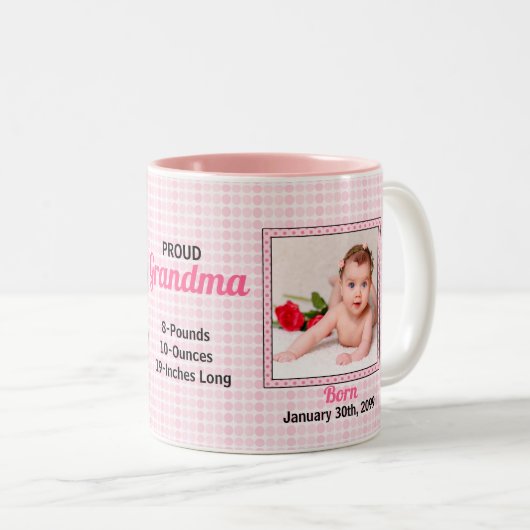 Proud Grandma Pink Dots met twee Baby foto's Tweekleurige Koffiemok (Voorkant rechts)