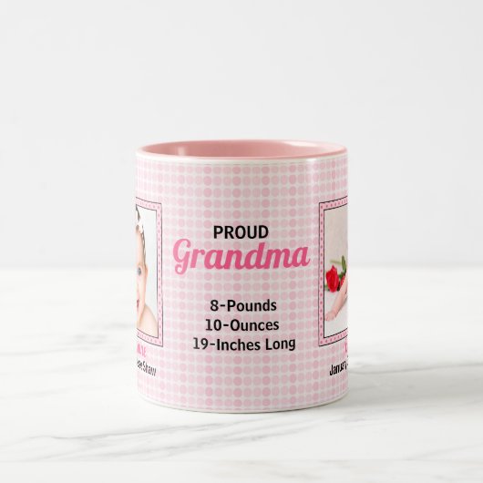 Proud Grandma Pink Dots met twee Baby foto's Tweekleurige Koffiemok (Center)