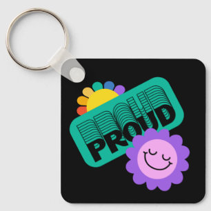 Proud. LGBT+Pride. Regenboogvesten met zonnebloem. Sleutelhanger