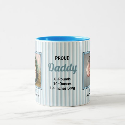 Proud Papa Soft Blue Stripes met Baby foto Tweekleurige Koffiemok (Center)