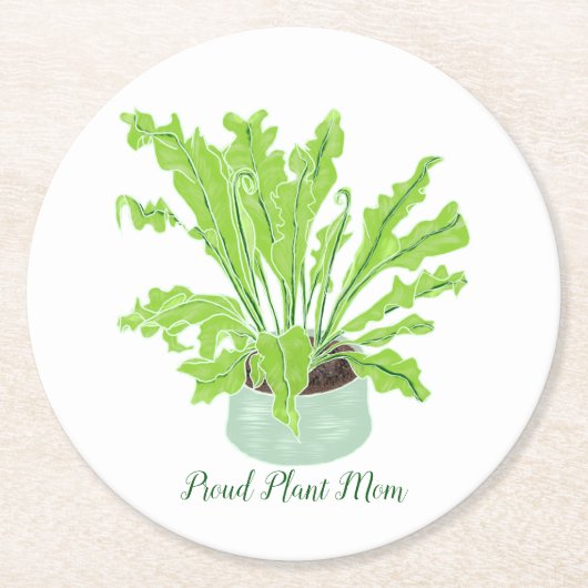 Proud Plant Mam - de nestfern van de vogel op wit. Ronde Kartonnen Onderzetter (Voorkant)