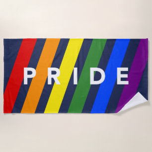 PROUD Schuine Regenboogstrepen op Navyblauw Strandlaken