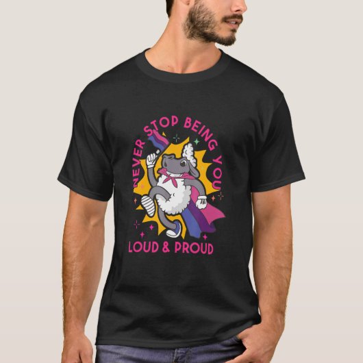 Proud Sheep met Bisexual Pride Flag stopt nooit b T-shirt (Voorkant)