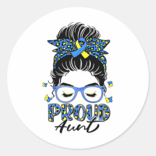 Proud T21 tante Leopard Messy Bun Down Syndrome Aw Ronde Sticker