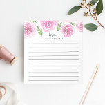 Provence Roos | Roze Floral - Gepersonaliseerd Notitieblok<br><div class="desc">Chic floral notitieblok bevat een bovenrand van roze waterverf rozen en groene bladeren. Personaliseer met twee lijnen van douanetekst in modern blok en kalligrafiettering; getoond met de Franse groet "bonjour" en jouw naam. Gelineerd.</div>