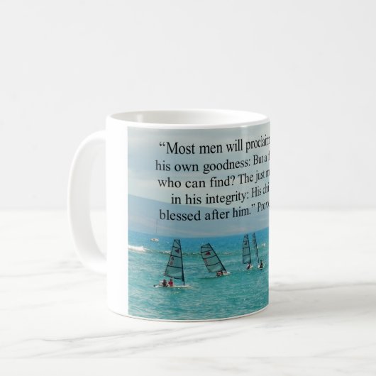 Proverbs 20:6-7 Veerletterscriptgeschenk Koffiemok (Voorkant links)