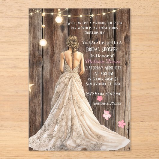 Proverbs 31:10 Bridal Shower Invitation Acryl Uitnodigingen (Voorkant)