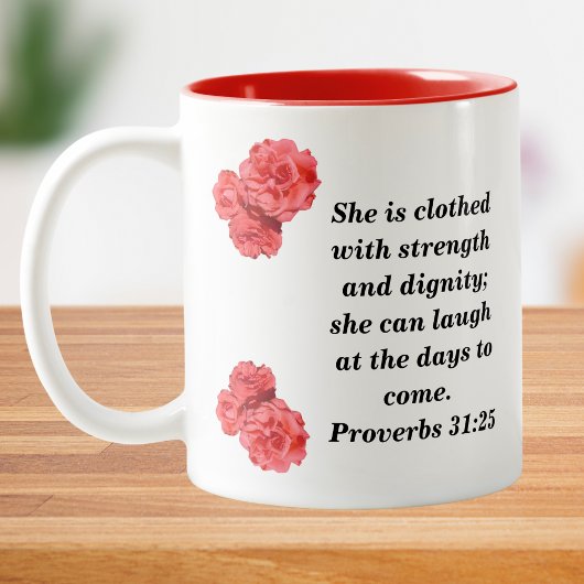 Proverbs 31:25 Ideal Christian Woman With Red Rose Tweekleurige Koffiemok