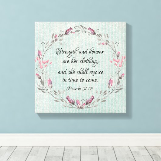 Proverbs 31,25 KJV Bijbelversie Canvas Afdruk (Insitu (Houten vloer))