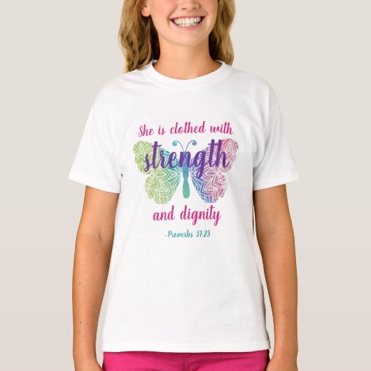 Proverbs 31:25 Met schroefdraad bekleed T-shirt (Voorkant)