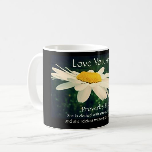 Proverbs 31:25, Moederdag, White Daisy Custom Koffiemok (Voorkant links)