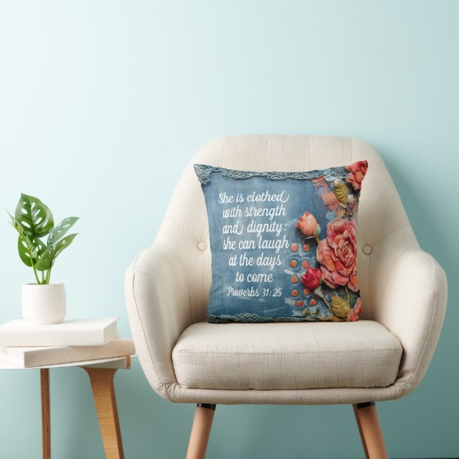 Proverbs 31:25 Throw Pillow Inspiring Bible Verse Kussen (Stoel)