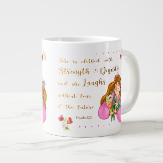 Proverbs 31:25 Ze is bedwelmd met kracht Grote Koffiekop (Voorkant rechts)