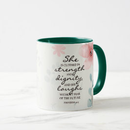 Proverbs 31:25 Ze is bedwelmd met kracht Mok