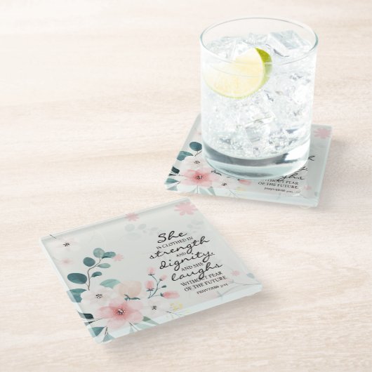 Proverbs 31:25 Ze is in sterkte gedicht Glazen Onderzetter (Schuin)