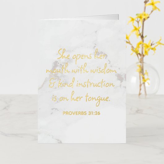 Proverbs 31:26 Bijbelverse marmer Glam Folie Wenskaart (Gele Bloem)