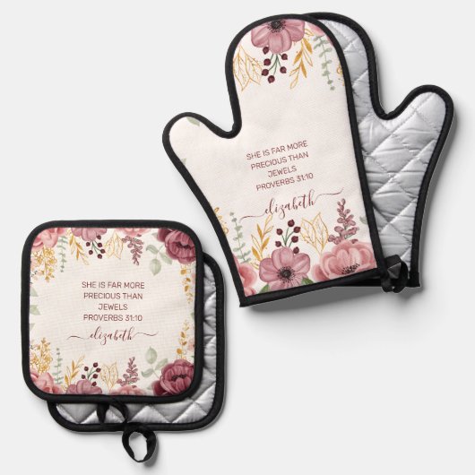 Proverbs 31 Elegant pastel pink flower  Ovenwant & Pannenlap Set (Voorkant / Achterkant)