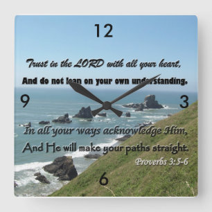 Proverbs 3:5-6-klok! Vertrouw de Heer elke minuut. Vierkante Klok