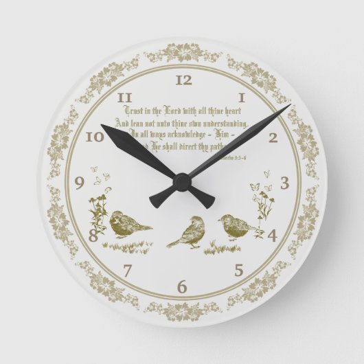 Proverbs 3:5-6 wandklok met vogels, bloemen grijs (Voorkant)