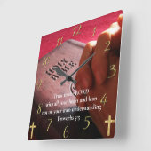 Proverbs 3:5 heilige bijbel met handen vierkante klok (Hoek)