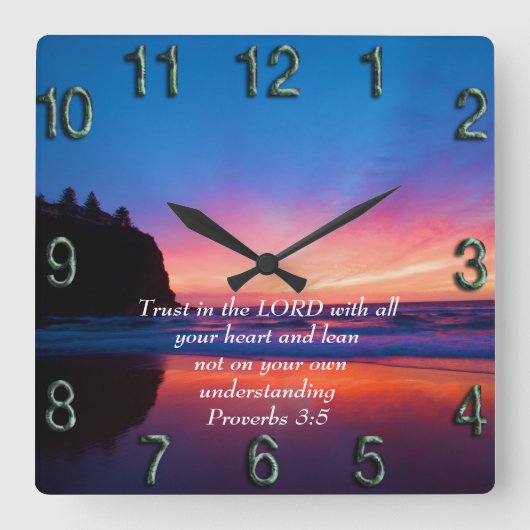 Proverbs 3:5 mooie Oceaan en de hemel Vierkante Klok (Voorkant)