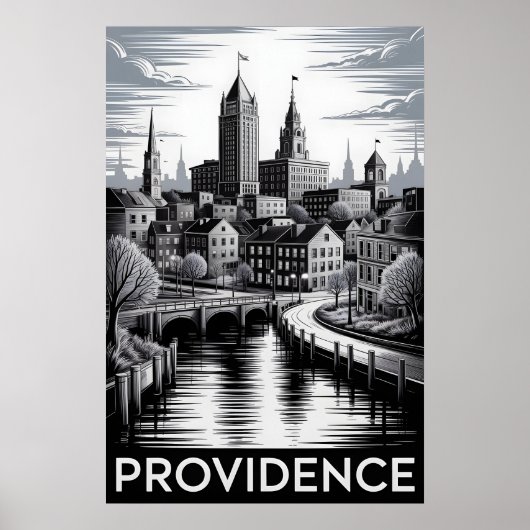Providence Rhode Island Zwart Wit Houtsnede Poster (Voorkant)