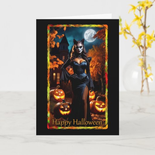 Prowling Kat Kostuum Halloween Kaart (Gele Bloem)