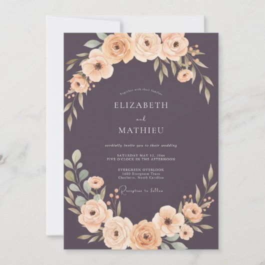 Pruim Abrikoos Ranunculus Stof Eucalyptus Bruiloft Kaart (Voorkant)