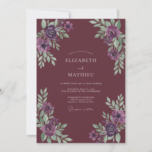 Pruim Amethyst Bladerige Bruiloft Kaart (Voorkant)