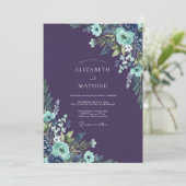 Pruim Aqua Ranunculus Eucalyptus Bruiloft Kaart (Staand voorkant)