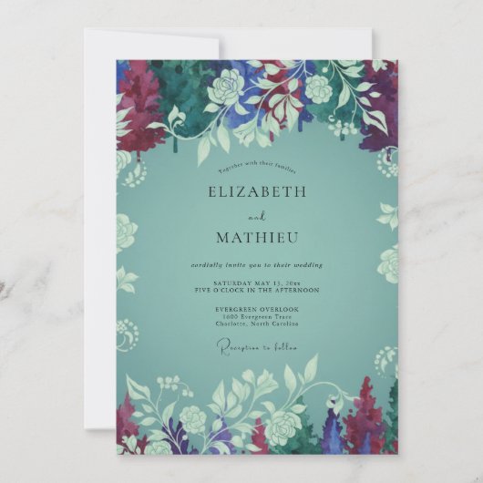 Pruim Aqua Wilde Bloemen Bruiloft Kaart (Voorkant)