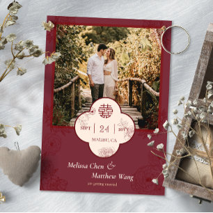 Pruim Bloemige Chinese Trouwfoto Save the Date