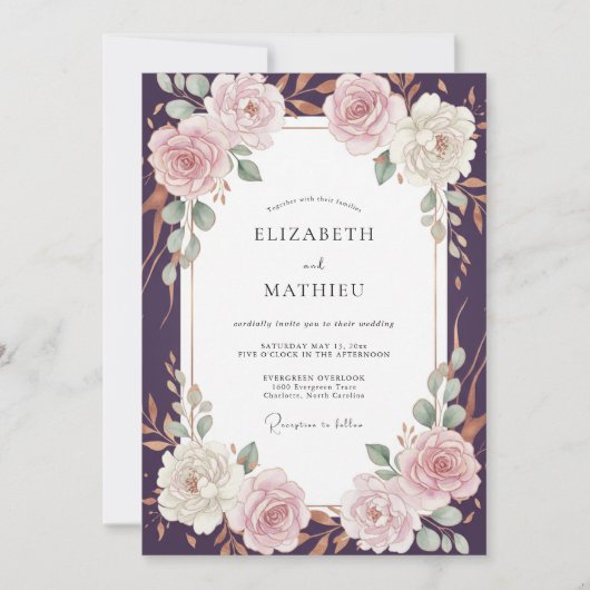 Pruim Blush Ranunculus Eucalyptus Bruiloft Kaart (Voorkant)