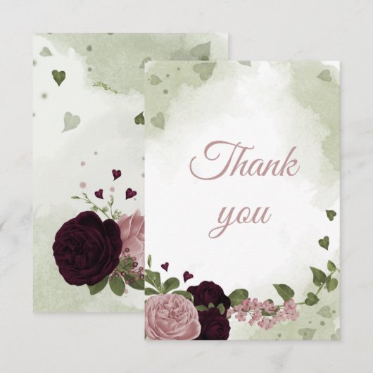  pruim bordeaux en roze bloemetjes bedankkaart (Voorkant / Achterkant)