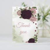  pruim bordeaux en roze bloemetjes bedankkaart (Staand voorkant)