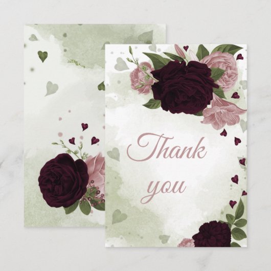  pruim bordeaux en roze bloemetjes bedankkaart (Voorkant / Achterkant)