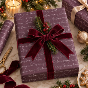 Pruim Bourgondië vrolijk kerstscriptpatroon Cadeaupapier