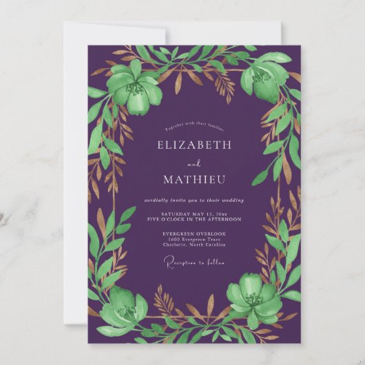 Pruim Bronzen Loof Eucalyptus Bruiloft Kaart (Voorkant)