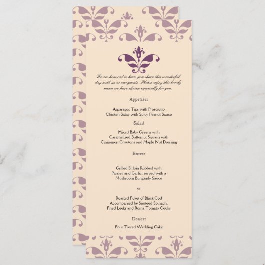 Pruim en Champagne Damask Bruiloft Menu (Voorkant / Achterkant)