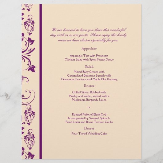 Pruim en Champagne Floral Scroll Bruiloft Menu (Voorkant)