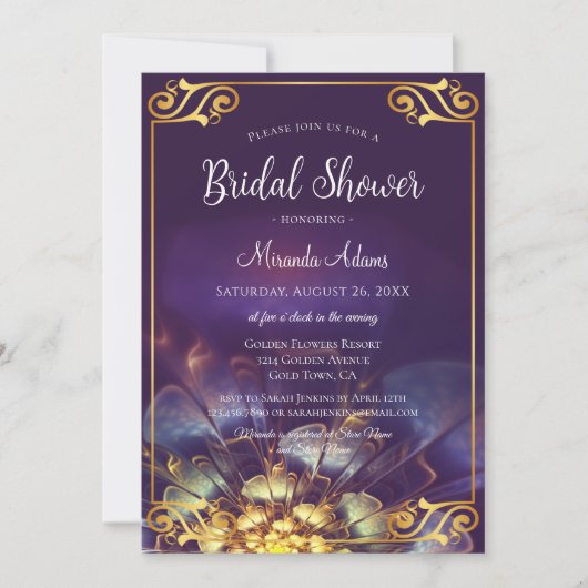 Pruim en Goud Bloemen Boho Bridal Douche Uitnodigi Kaart (Voorkant)