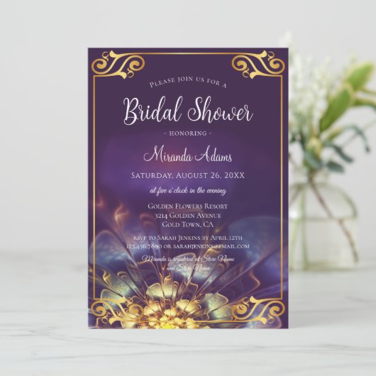 Pruim en Goud Bloemen Boho Bridal Douche Uitnodigi Kaart (Staand voorkant)