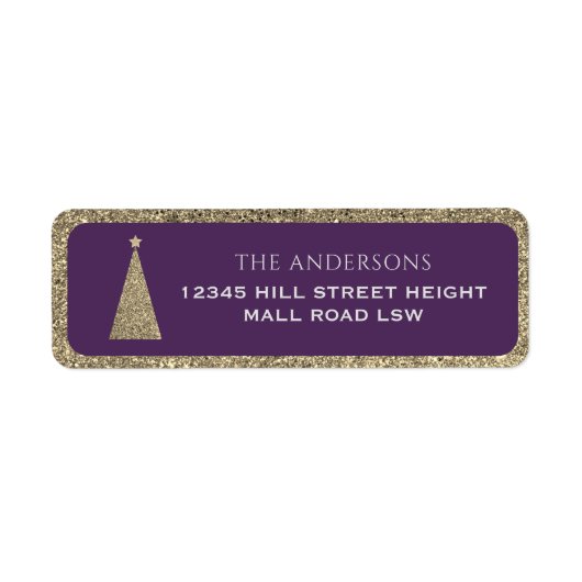 Pruim en gouden glinsterende elegante kerstboom etiket (Voorkant)