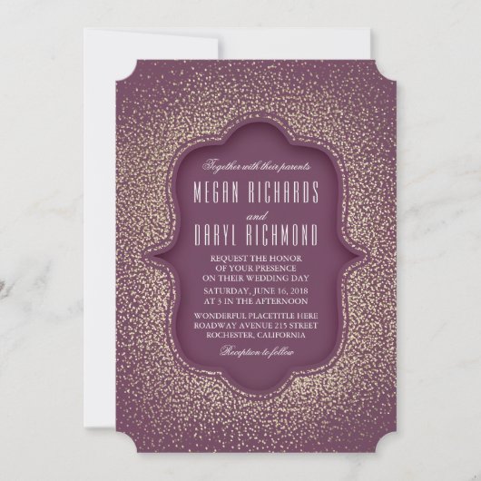 Pruim en Gouden Glitter Vintage Bruiloft Kaart (Voorkant)